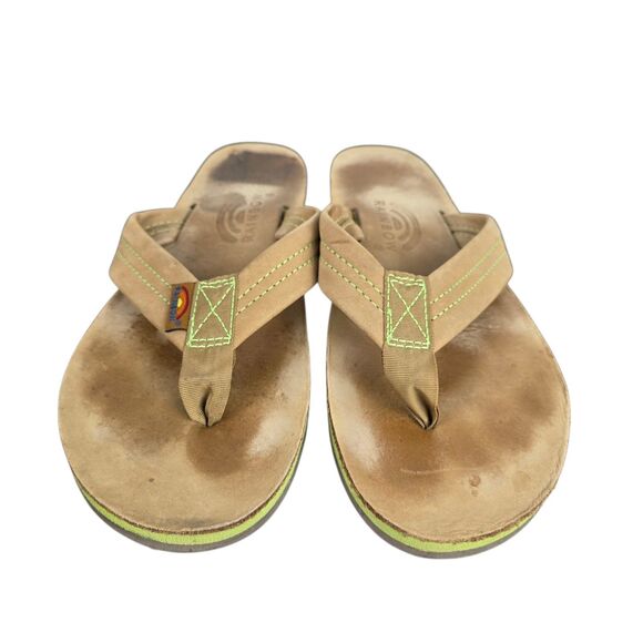 Rainbow Sandals Men's Sz 7.5 - 8.5 Tan Green 1 " Leather Straps Double Layer - Picture 2 of 15